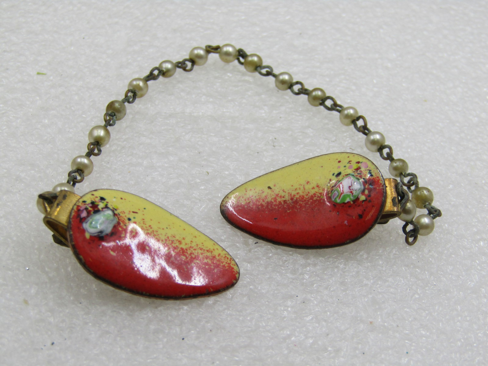 Vintage Enameled Copper Sweater Guard, Faux Pearl Chain, 8.5" - 3