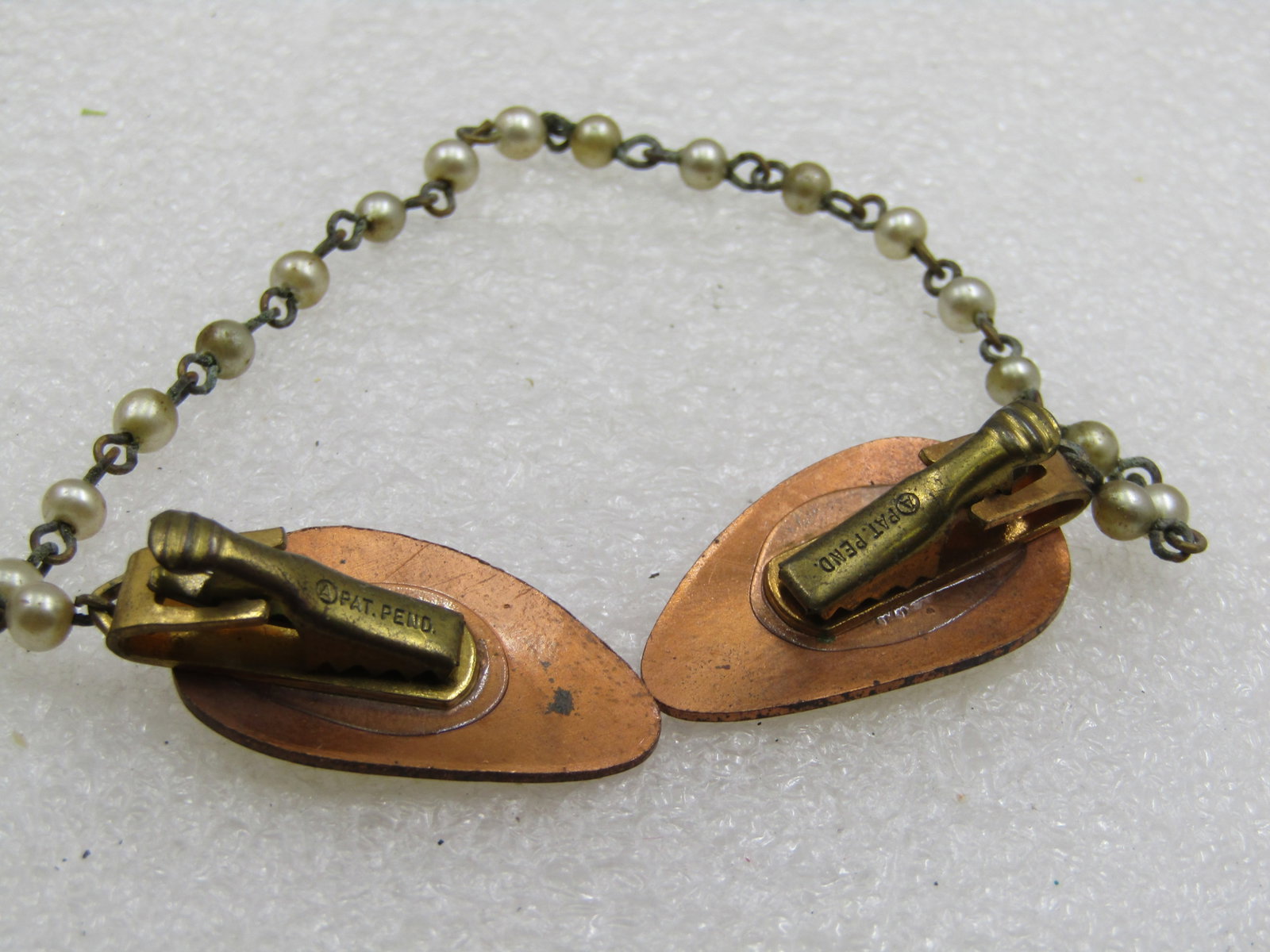 Vintage Enameled Copper Sweater Guard, Faux Pearl Chain, 8.5" - 4