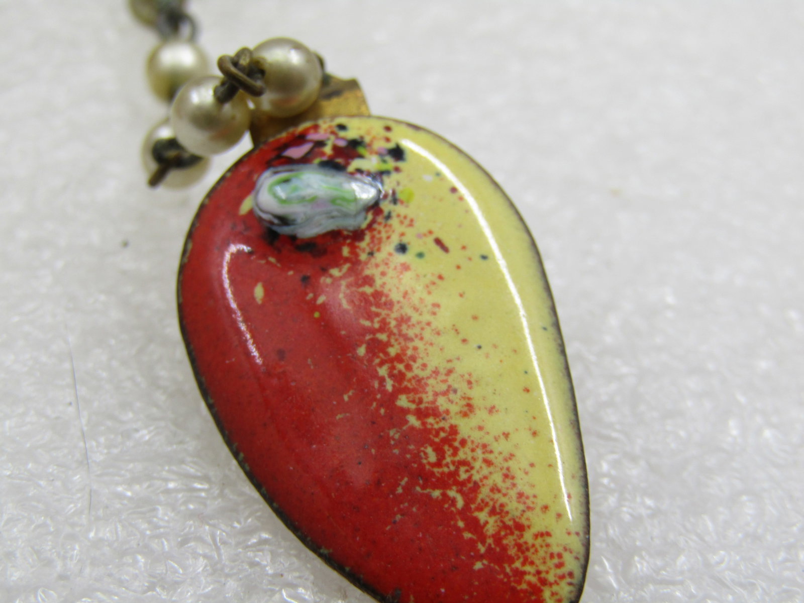 Vintage Enameled Copper Sweater Guard, Faux Pearl Chain, 8.5" - 6