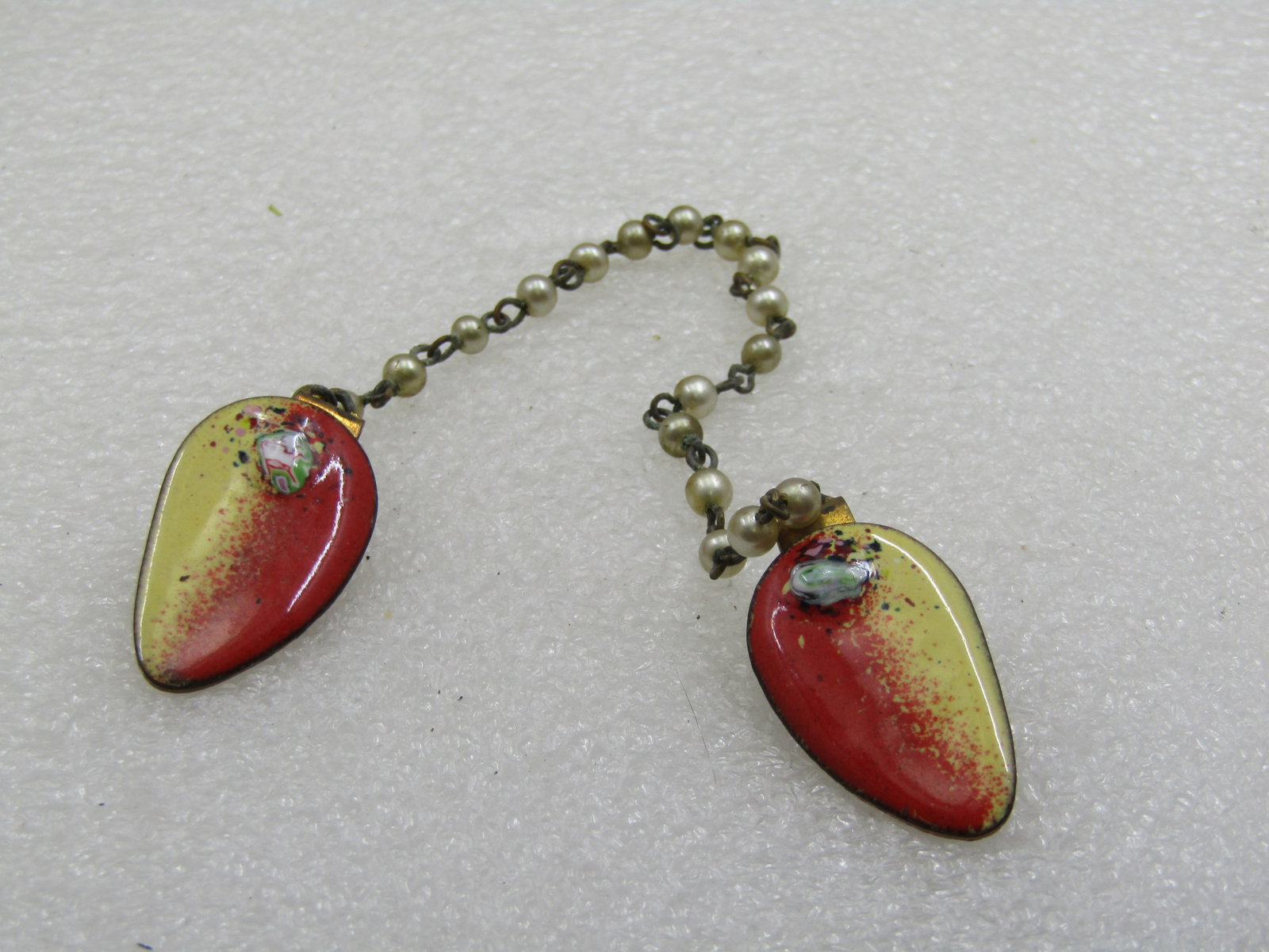 Vintage Enameled Copper Sweater Guard, Faux Pearl Chain, 8.5" - 7