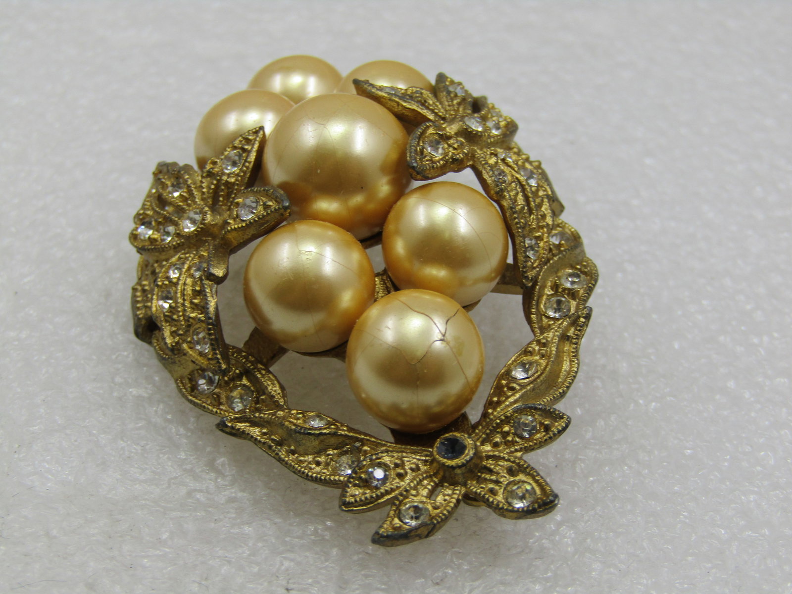 Antique Rhinestone & Faux Pearl Art Deco Brooch, 1920's, 2-7/8" - 3