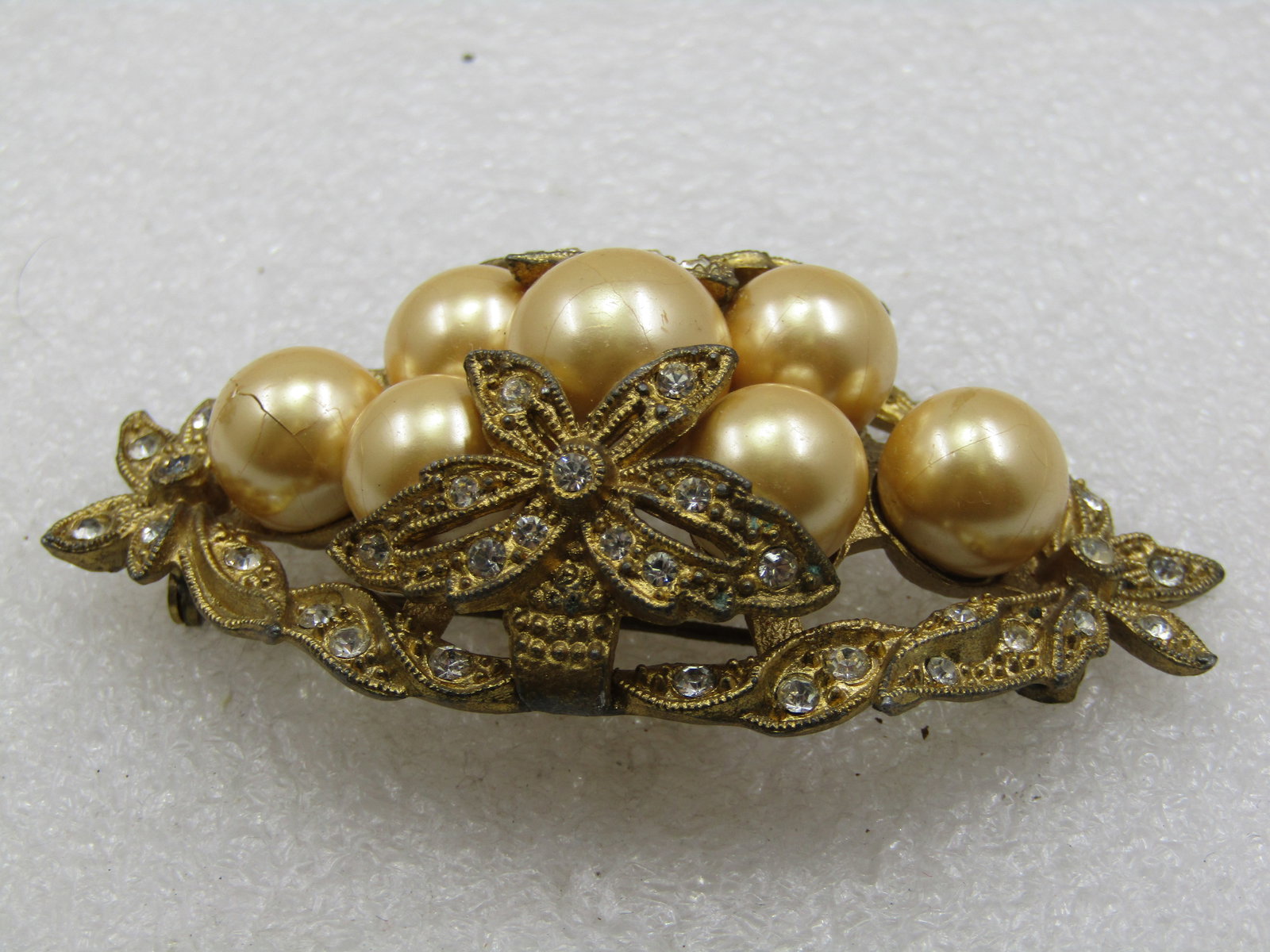 Antique Rhinestone & Faux Pearl Art Deco Brooch, 1920's, 2-7/8" - 5