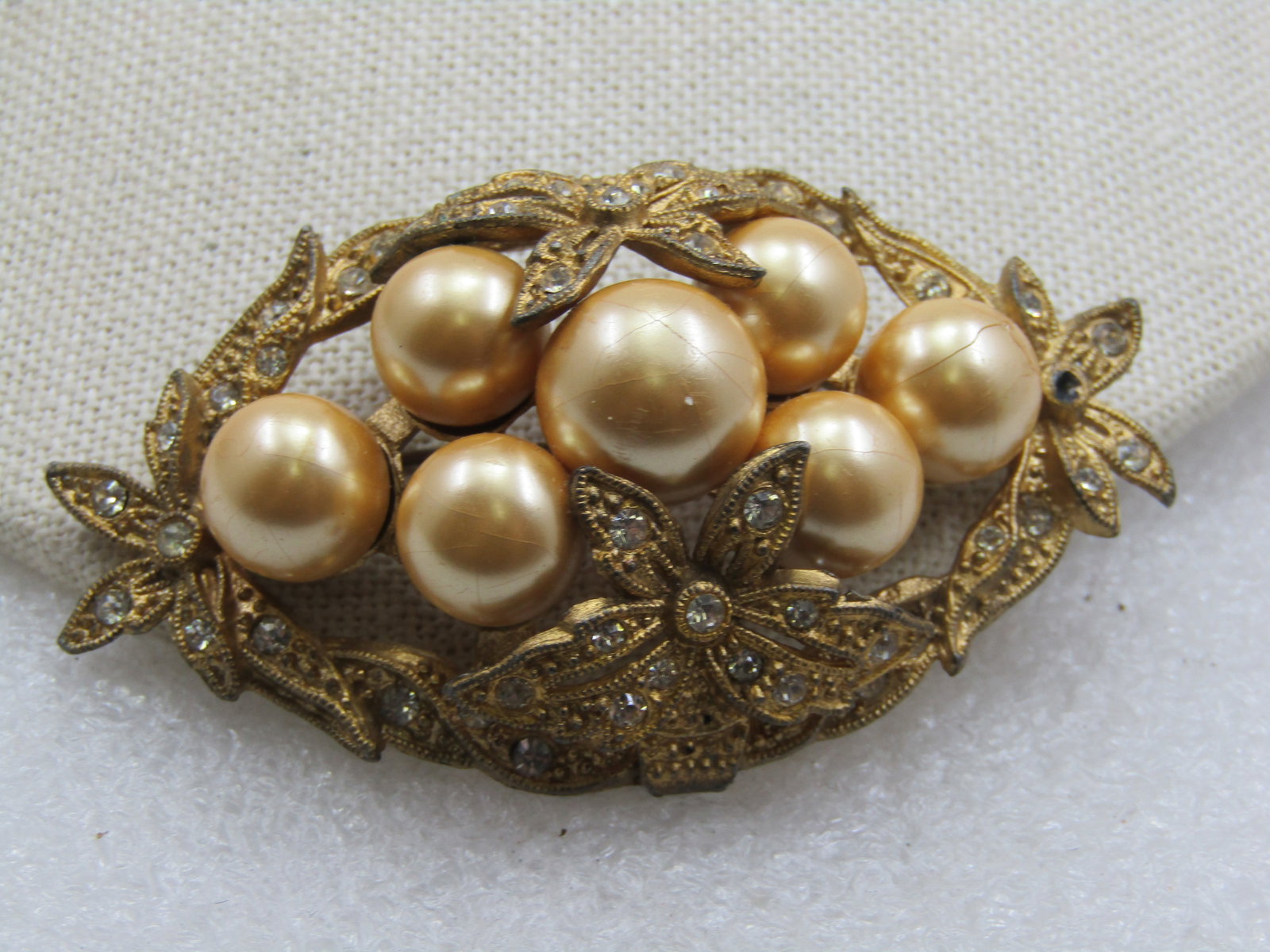 Antique Rhinestone & Faux Pearl Art Deco Brooch, 1920's, 2-7/8" - 7