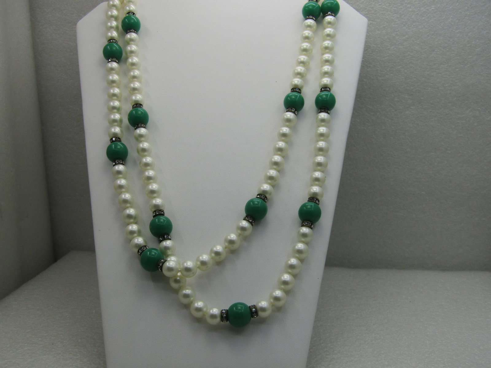 Vintage 52" Faux Pearl & Faux Jade Necklace with Rhinestone Rondelles - 2