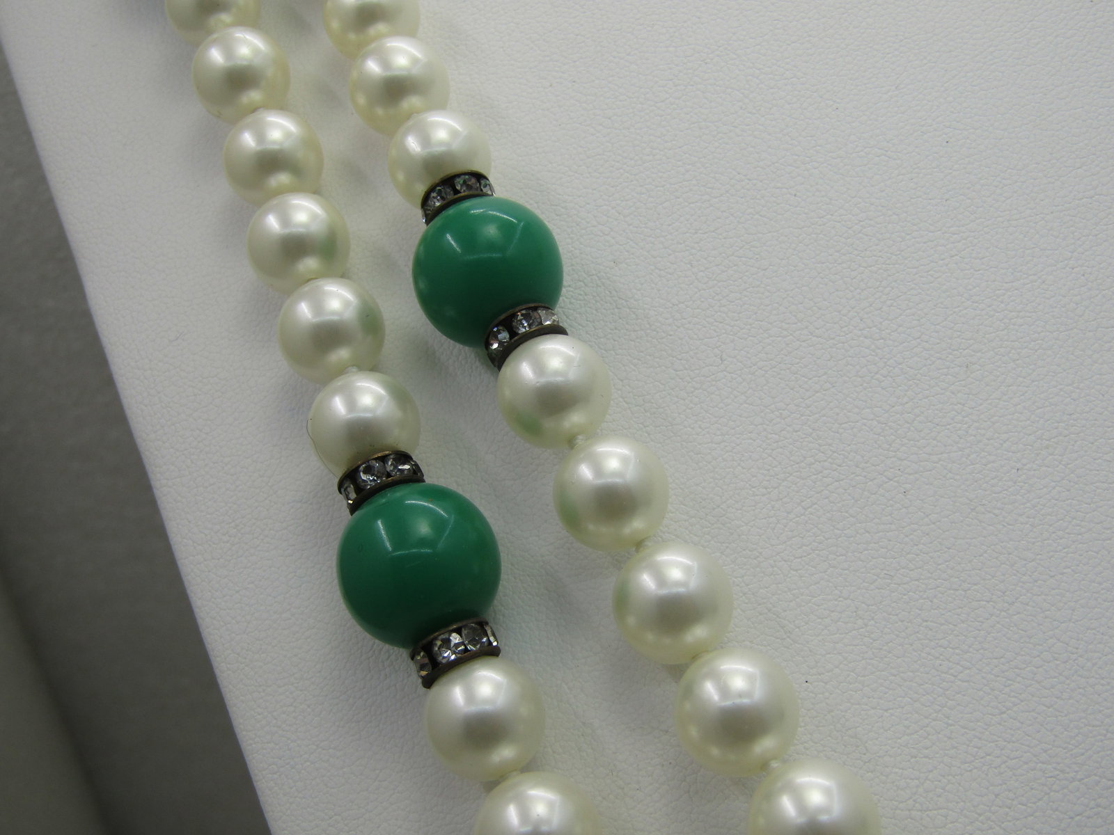 Vintage 52" Faux Pearl & Faux Jade Necklace with Rhinestone Rondelles - 3