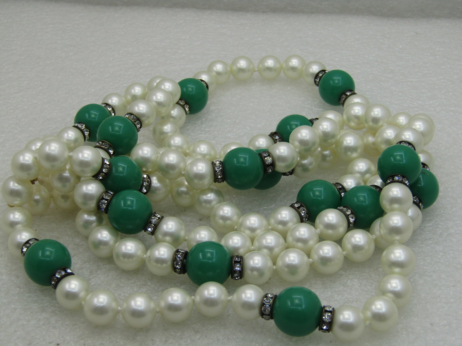 Vintage 52" Faux Pearl & Faux Jade Necklace with Rhinestone Rondelles - 4