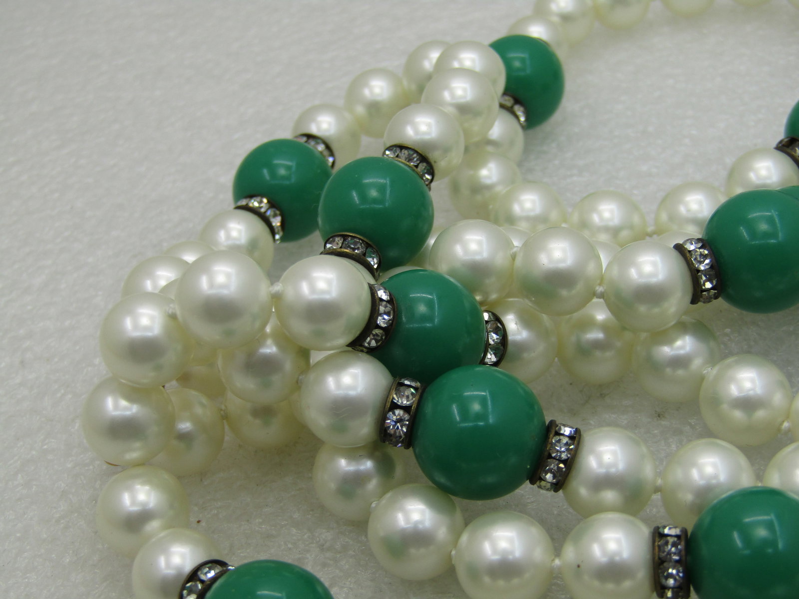 Vintage 52" Faux Pearl & Faux Jade Necklace with Rhinestone Rondelles - 5