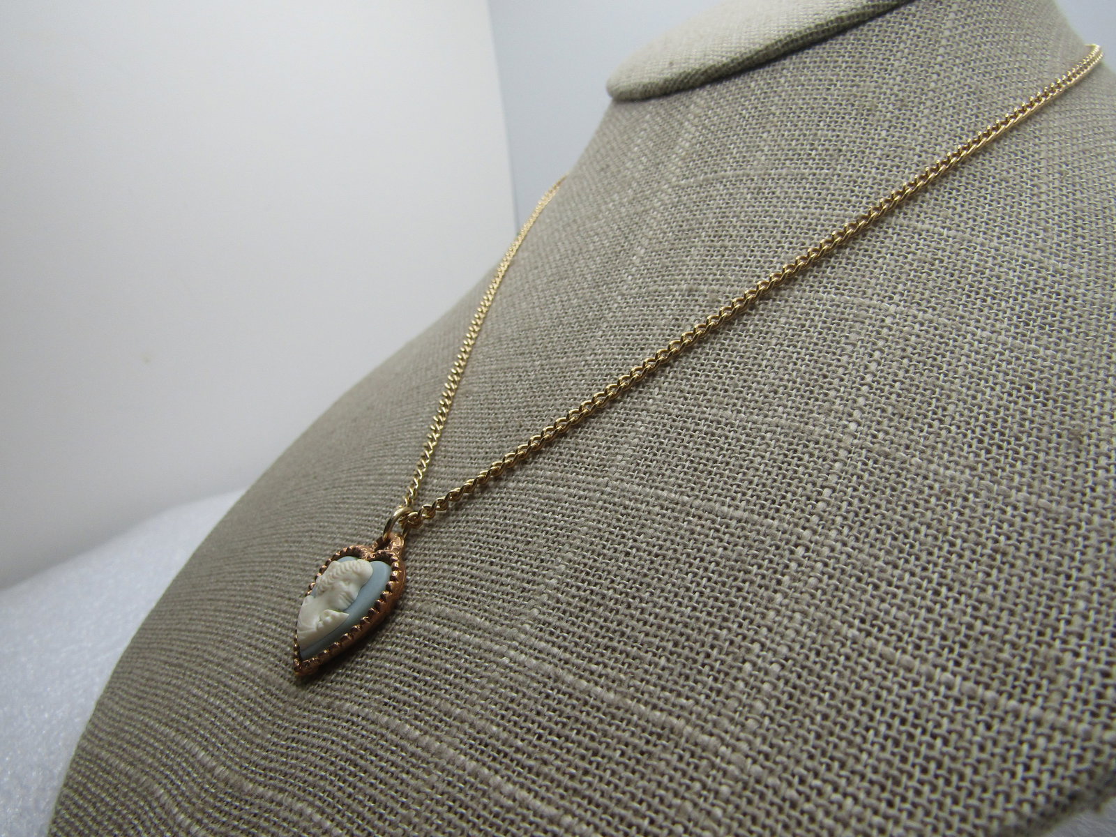 Vintage Blue Heart Cameo Necklace, 16", 1960's - 2