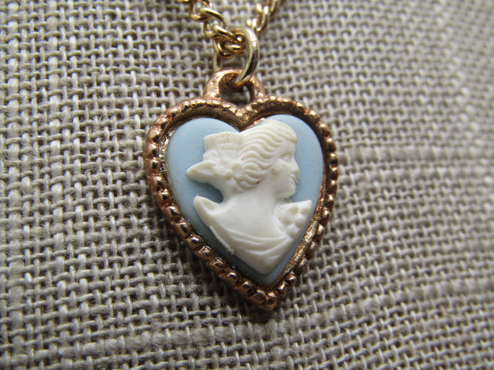 Vintage Blue Heart Cameo Necklace, 16", 1960's - 4