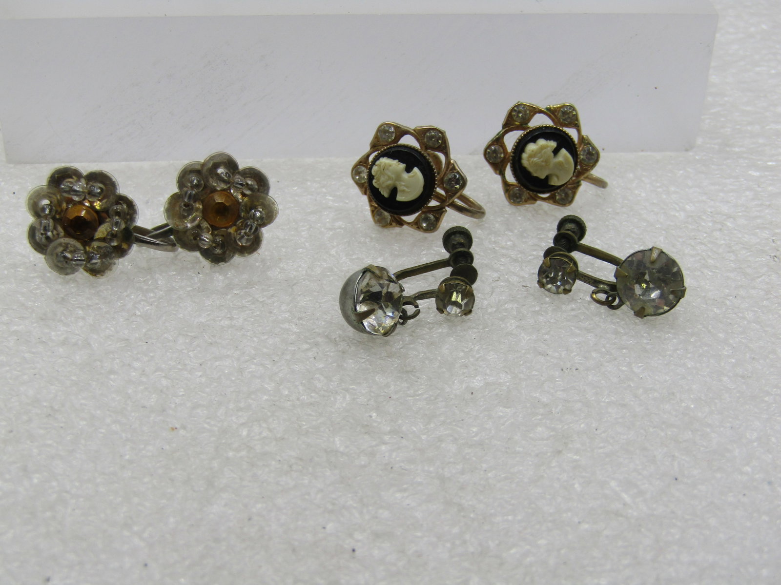 Vintage Three Pair Screwback Earrings, Cameo, Paste, 1930's-1950's - 2