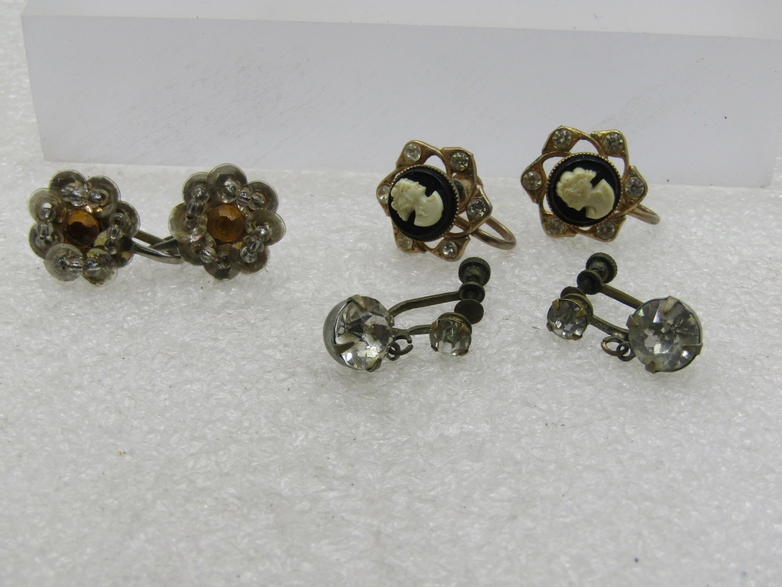 Vintage Three Pair Screwback Earrings, Cameo, Paste, 1930's-1950's - 3