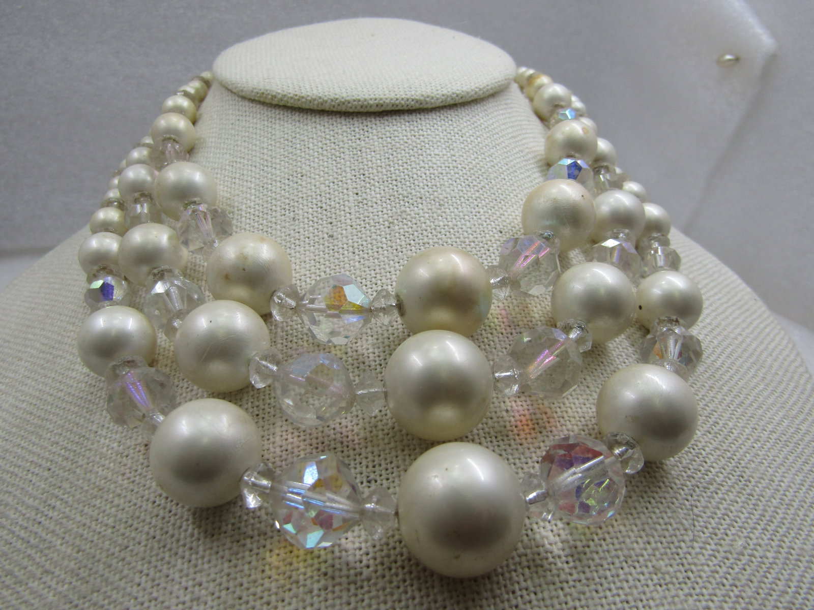 Vintage Faux Pearl Aurora Borealis Crystal Necklace, Triple Strand, 1940's, - 2