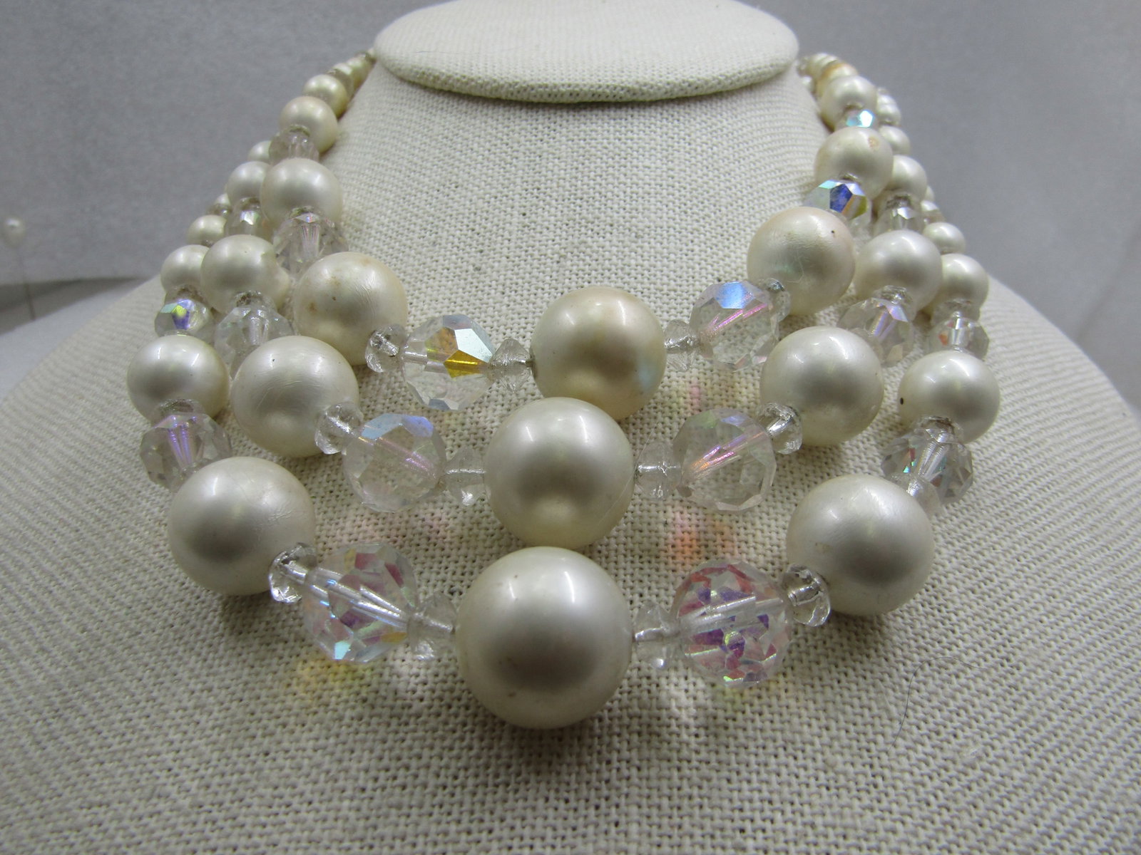 Vintage Faux Pearl Aurora Borealis Crystal Necklace, Triple Strand, 1940's, - 3