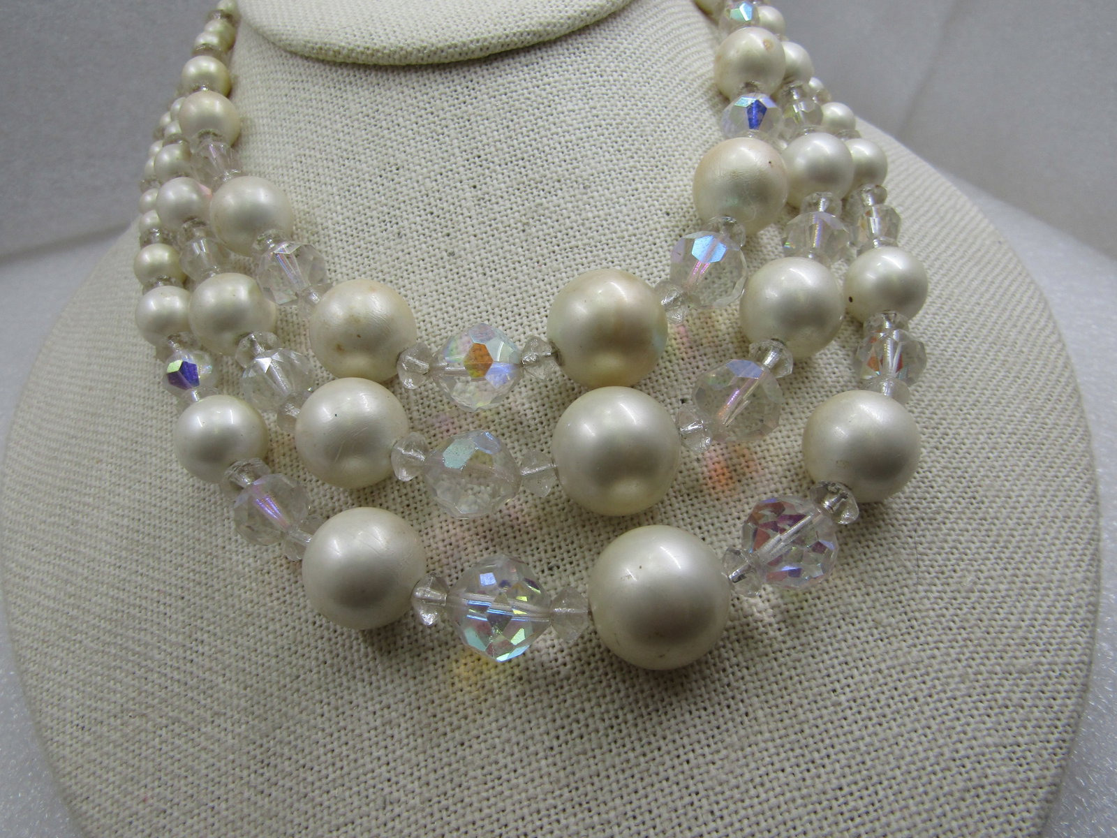 Vintage Faux Pearl Aurora Borealis Crystal Necklace, Triple Strand, 1940's, - 4