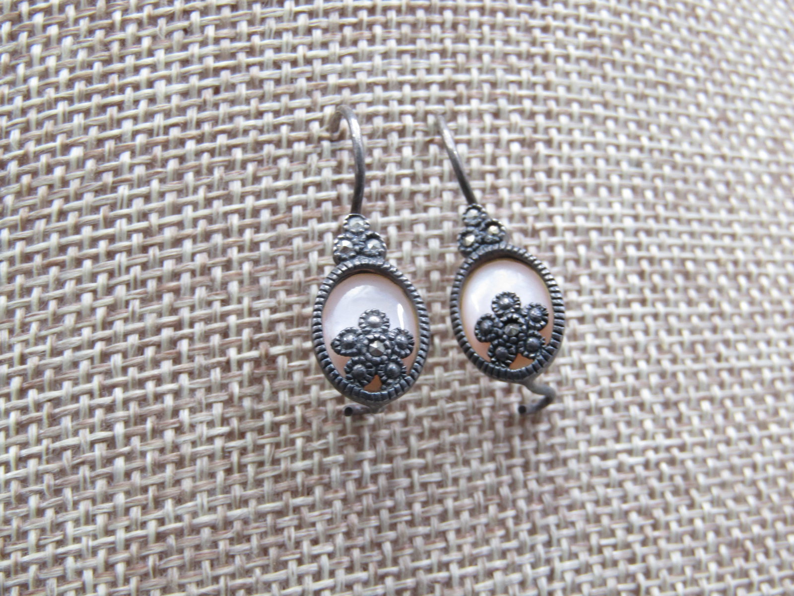 Vintage Sterling Mother-of-Pearl Marcasite Earrings, Pierced - 2
