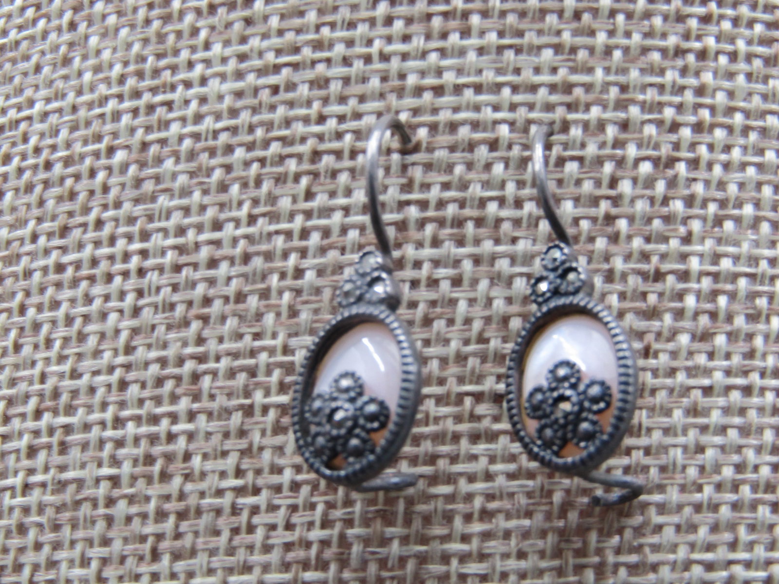 Vintage Sterling Mother-of-Pearl Marcasite Earrings, Pierced - 3