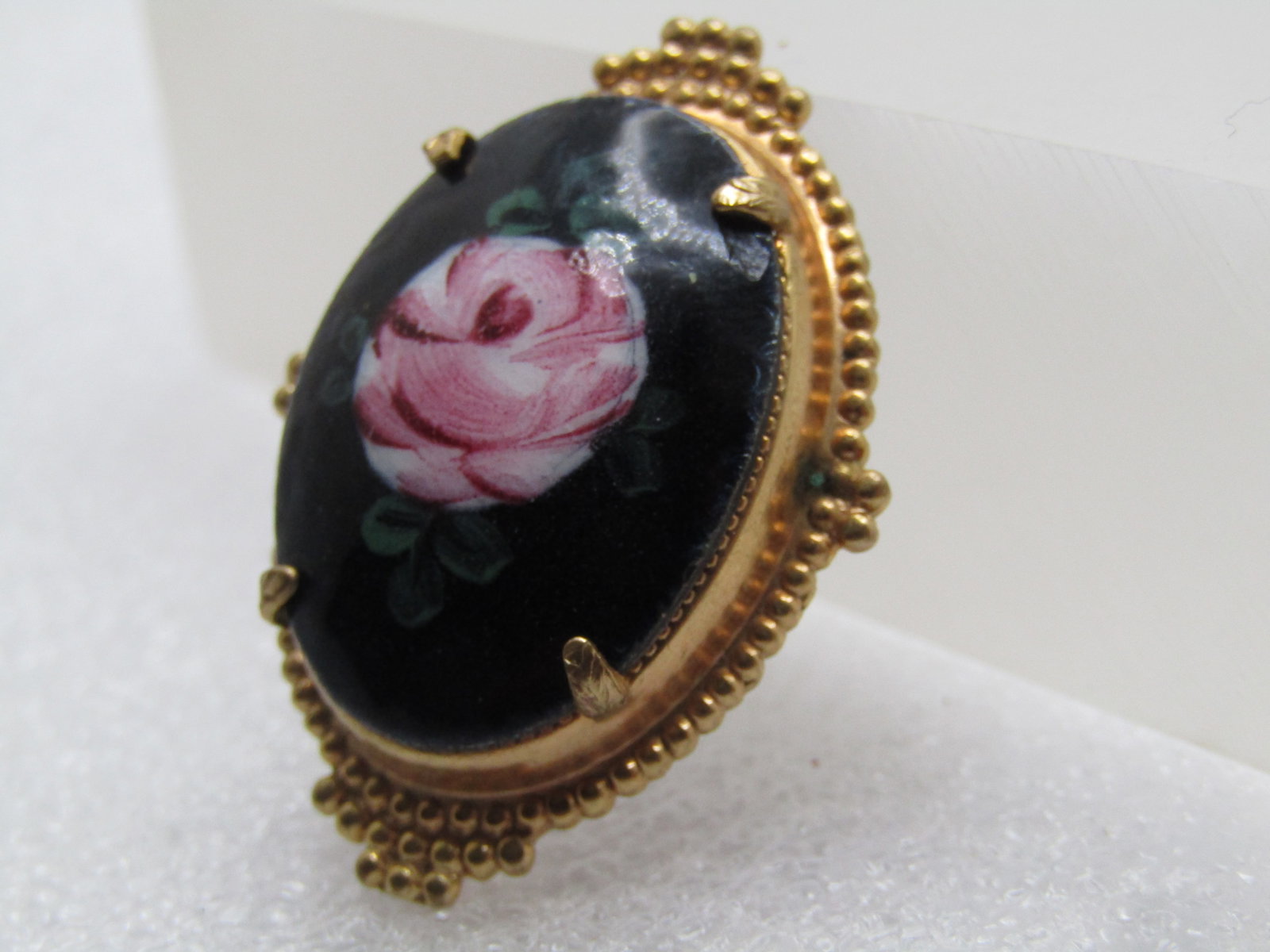 Vintage Rose Painted Black Glass Cameo Style Brooch, 1950's-1960's - 2