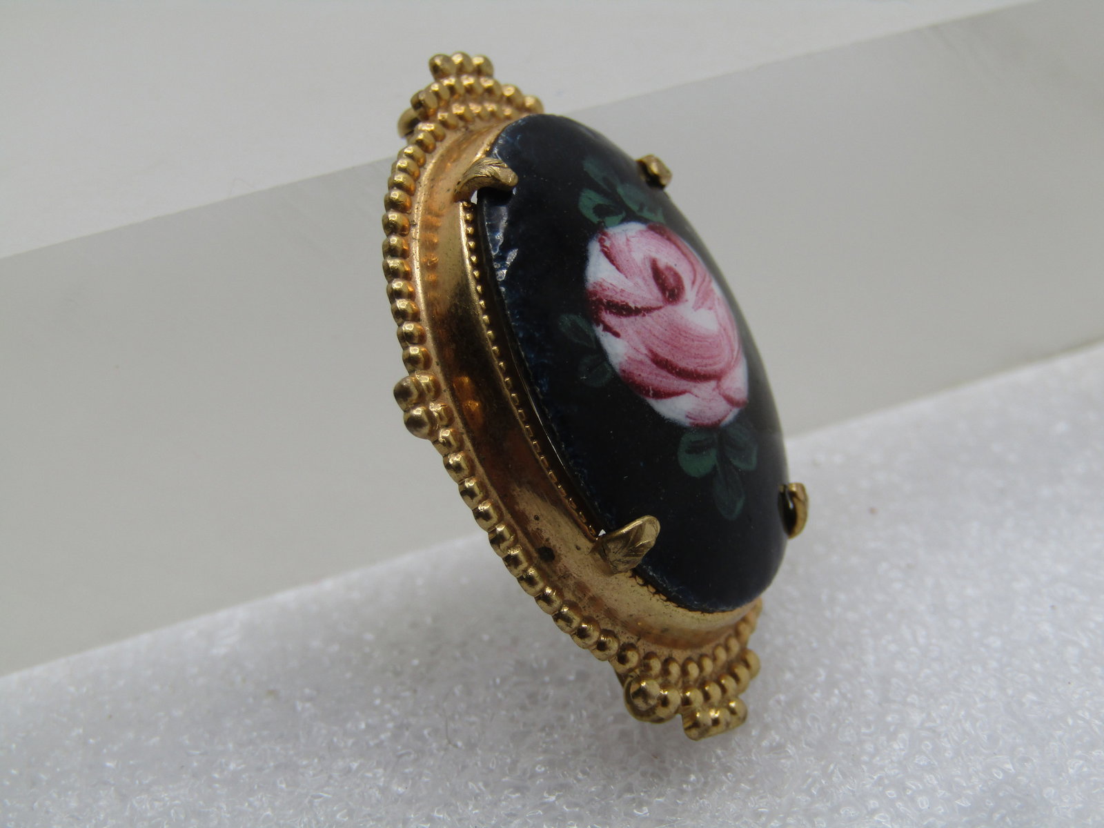 Vintage Rose Painted Black Glass Cameo Style Brooch, 1950's-1960's - 3