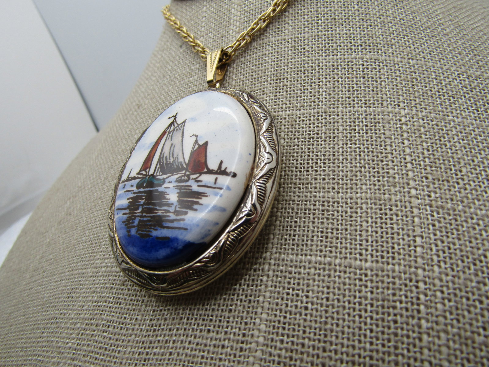 Vintage Painted Ships Locket Necklace, 24", 1960's - 2