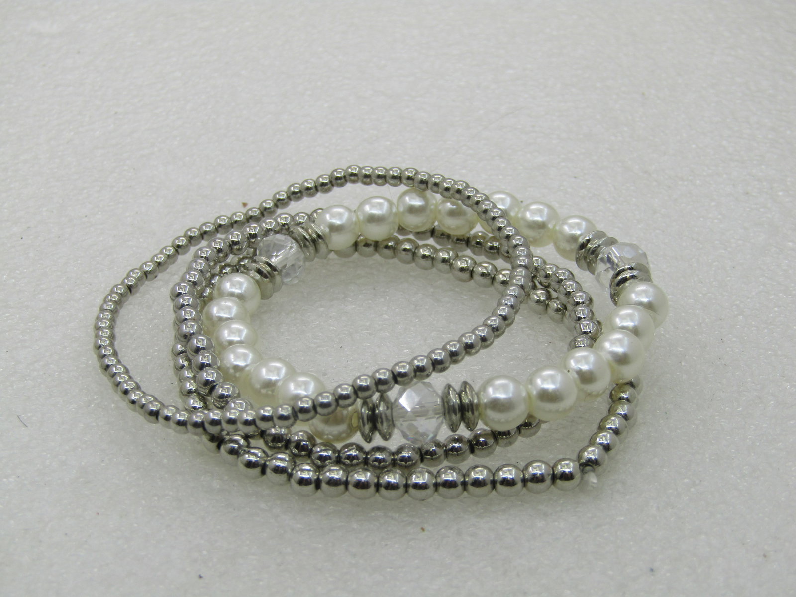 4 Silver Beaded Faux Pearl Stretch Bracelets, 7" and under - 2