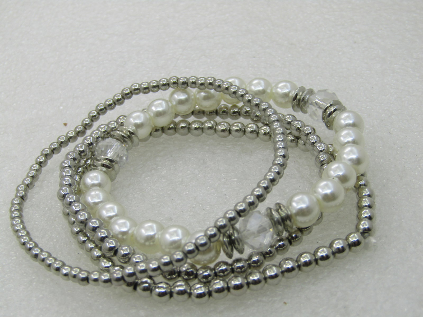 4 Silver Beaded Faux Pearl Stretch Bracelets, 7" and under - 3