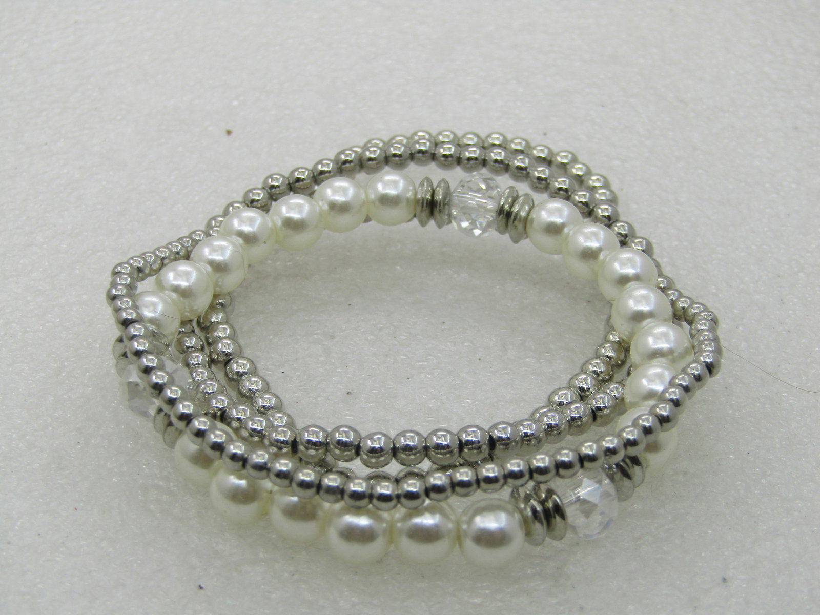 4 Silver Beaded Faux Pearl Stretch Bracelets, 7" and under - 4