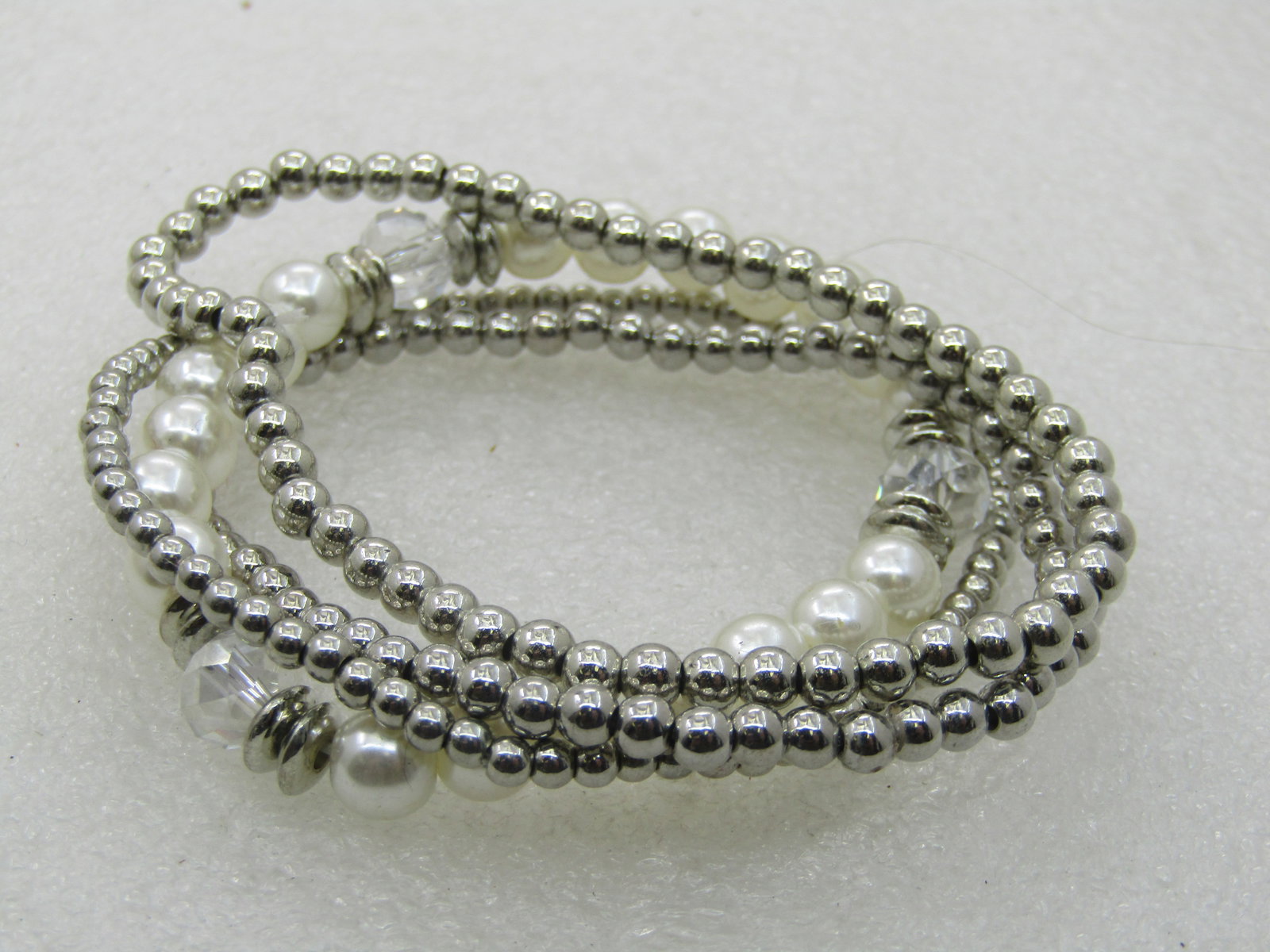4 Silver Beaded Faux Pearl Stretch Bracelets, 7" and under - 5
