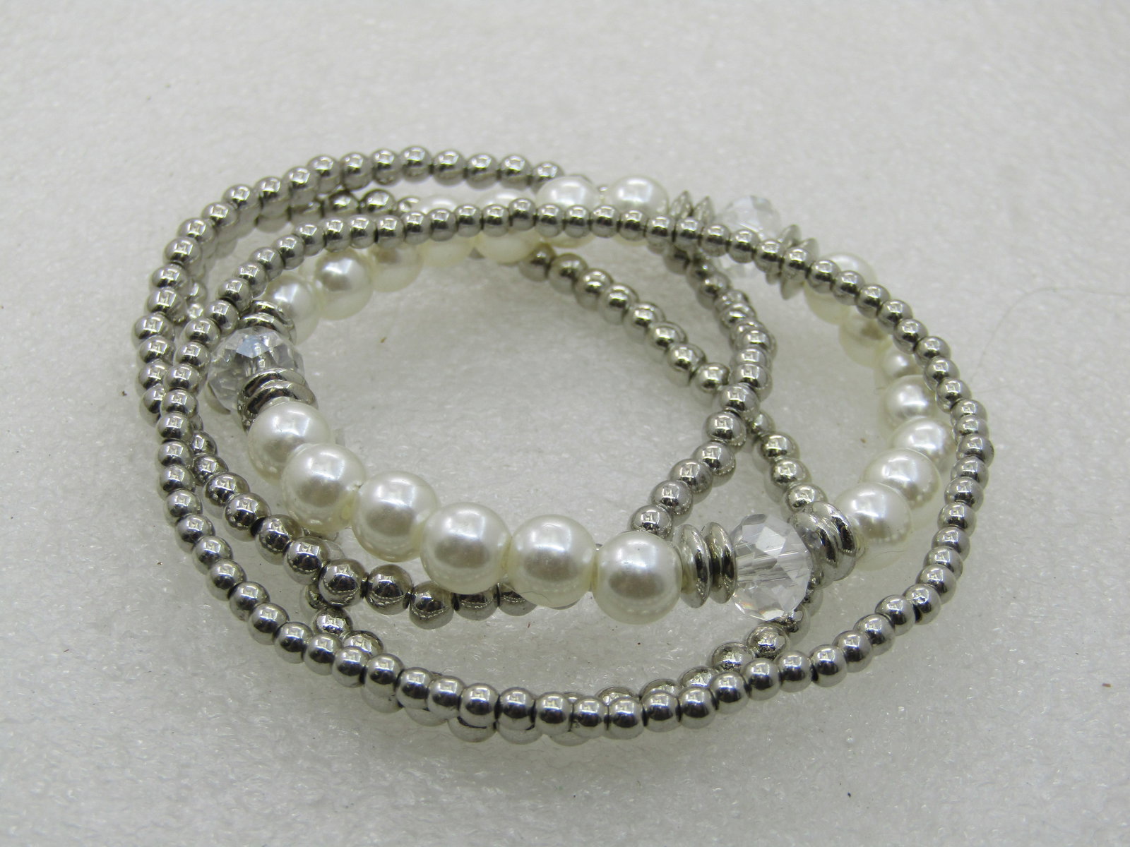 4 Silver Beaded Faux Pearl Stretch Bracelets, 7" and under - 6