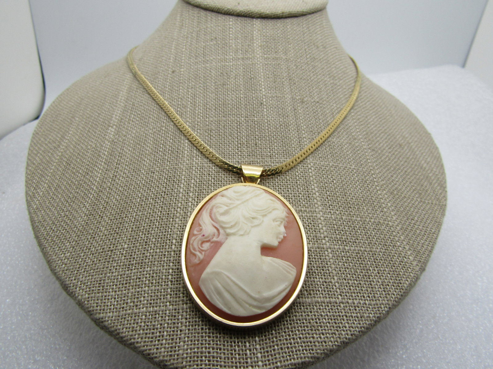 Vintage Cameo Necklace, 18", 2.5mm Herringbone Chain, 1960's-1970's - 2