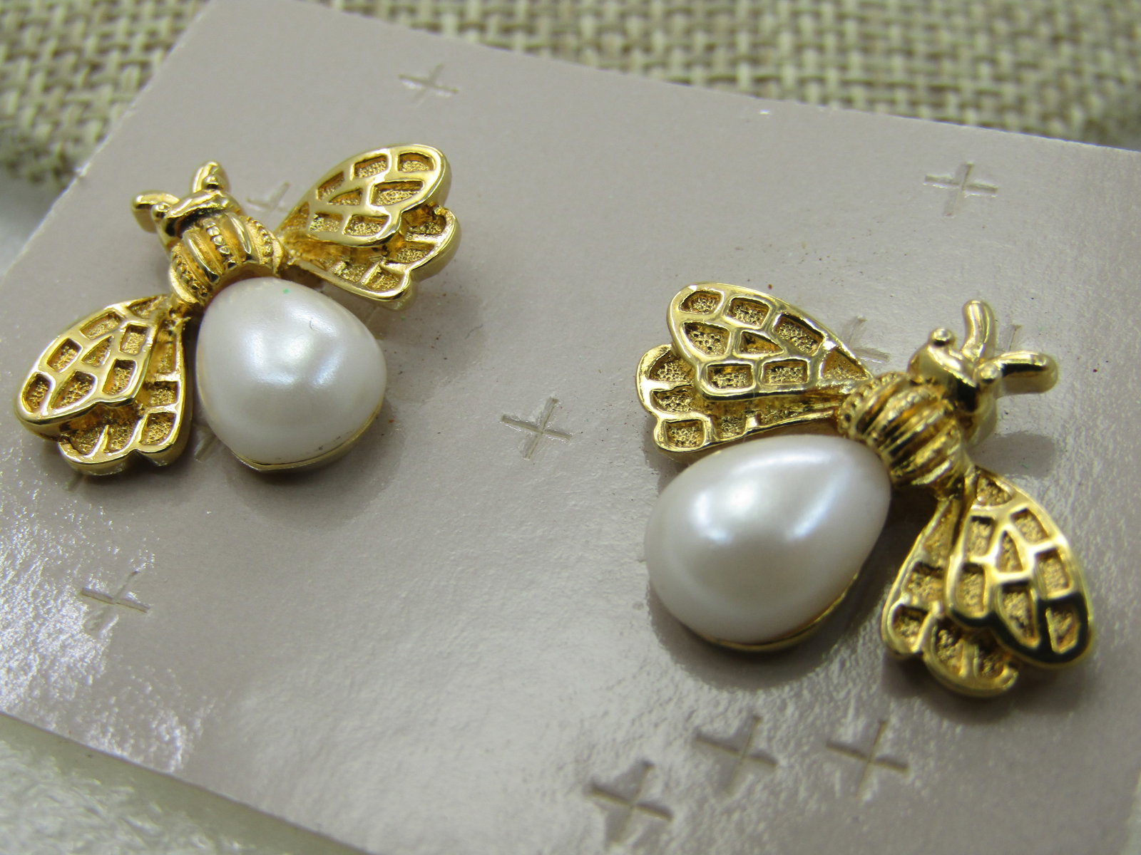 Vintage Faux Pearl Fly Earrings, Pierced, Gold Tone, 3/4" - 4
