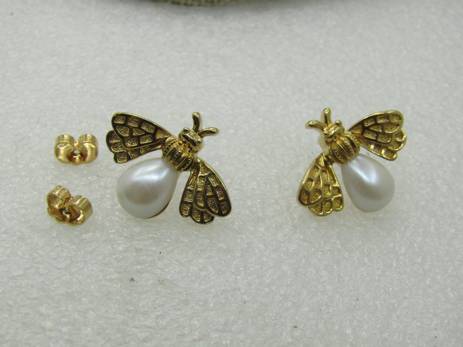 Vintage Faux Pearl Fly Earrings, Pierced, Gold Tone, 3/4" - 5