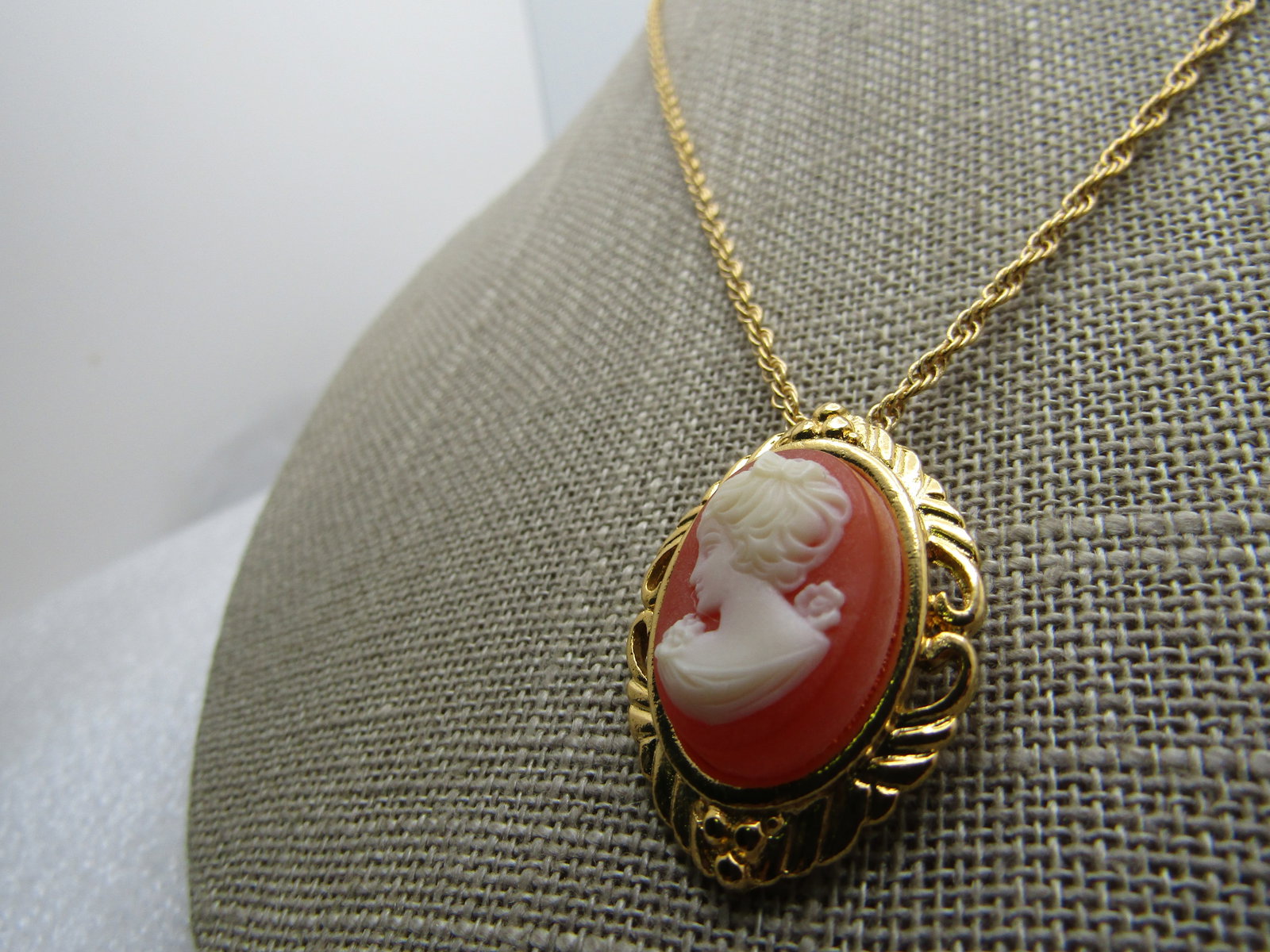 Vintage Cameo Necklace, 1960's-1970's, Gold Tone, 23.5" - 2