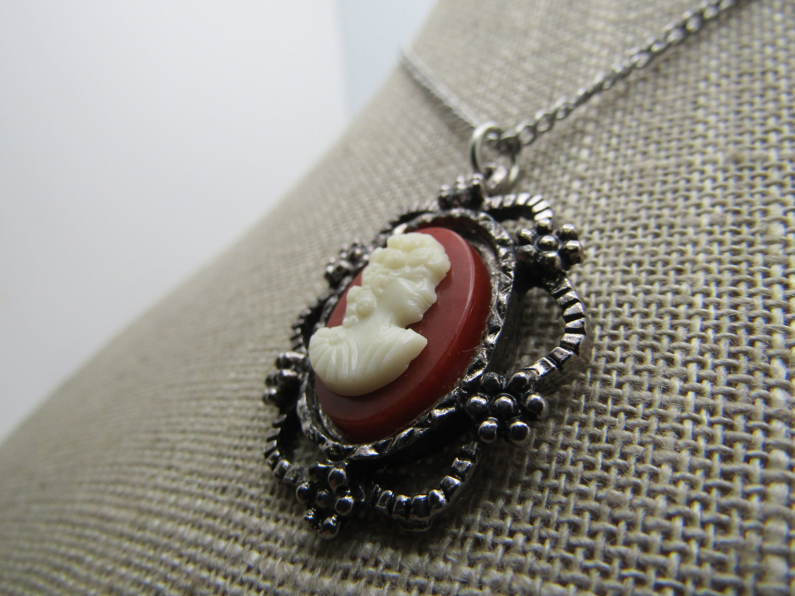 Vintage Cameo Necklace, 17", Silver tone, 1960's - 2