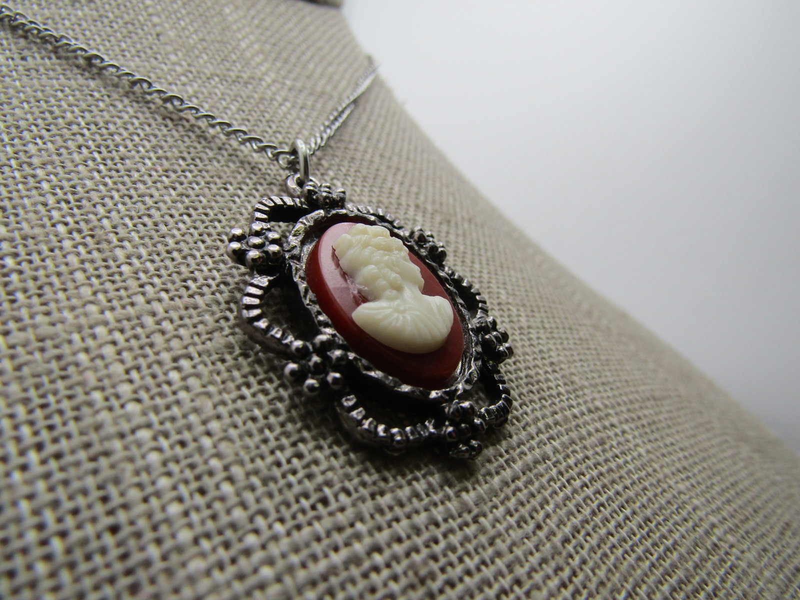 Vintage Cameo Necklace, 17", Silver tone, 1960's - 3