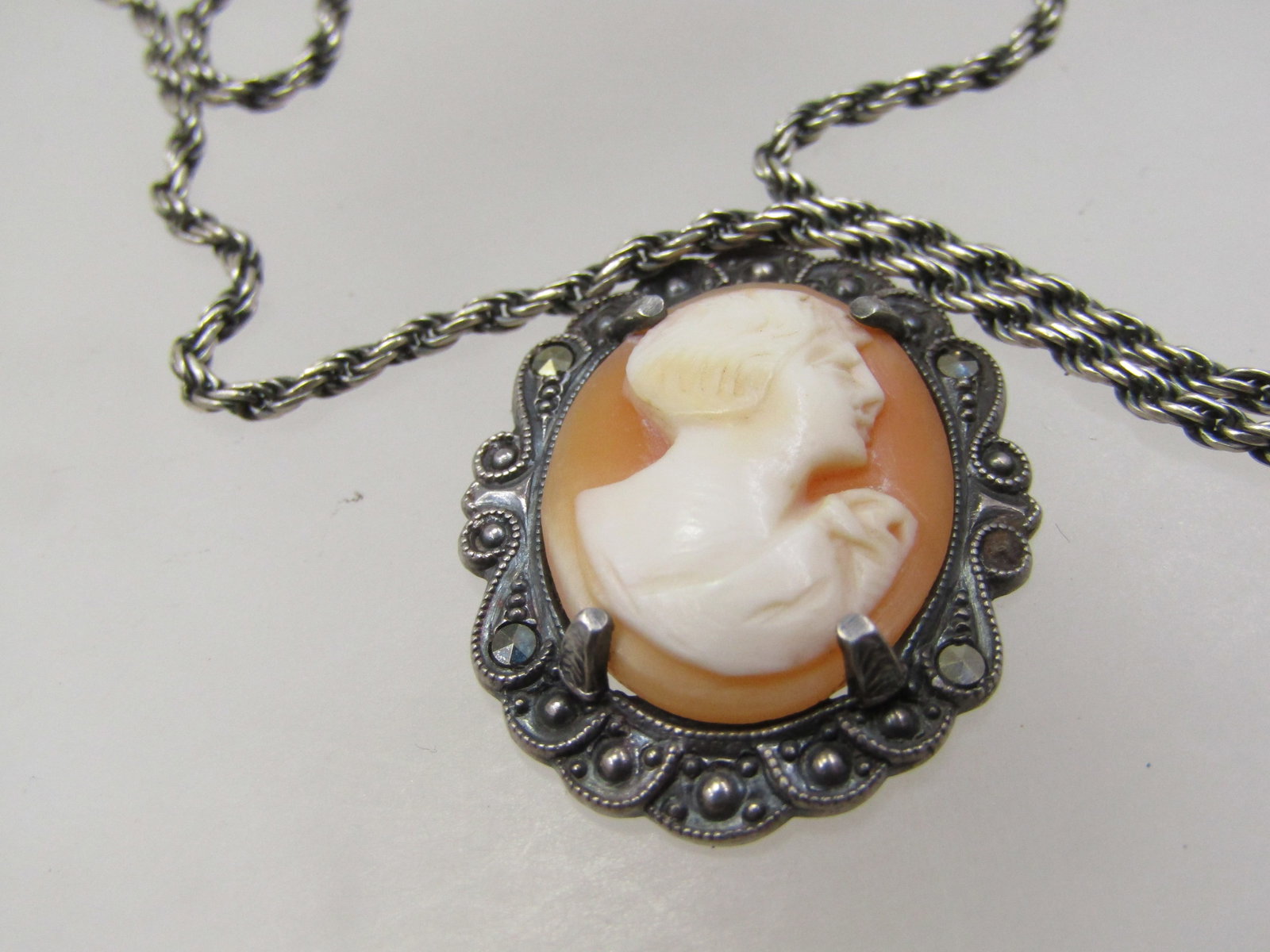 Vintage Sterling Marcasite Cameo Necklace, 21" Rope Chain - 2