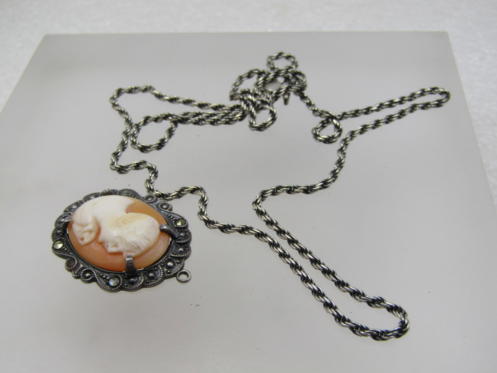 Vintage Sterling Marcasite Cameo Necklace, 21" Rope Chain - 5