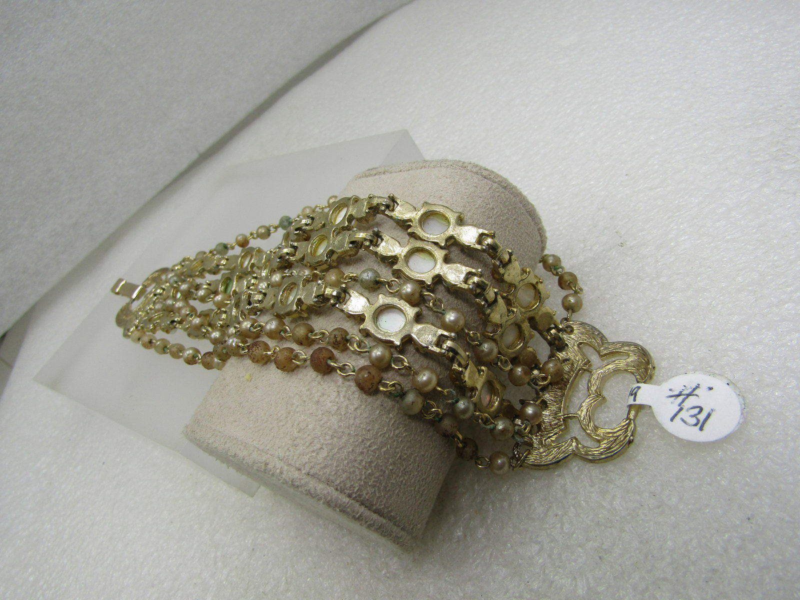 Vintage 7 Strand Mother-of-Pearl Bracelet, Gold Tone, 7" - 4