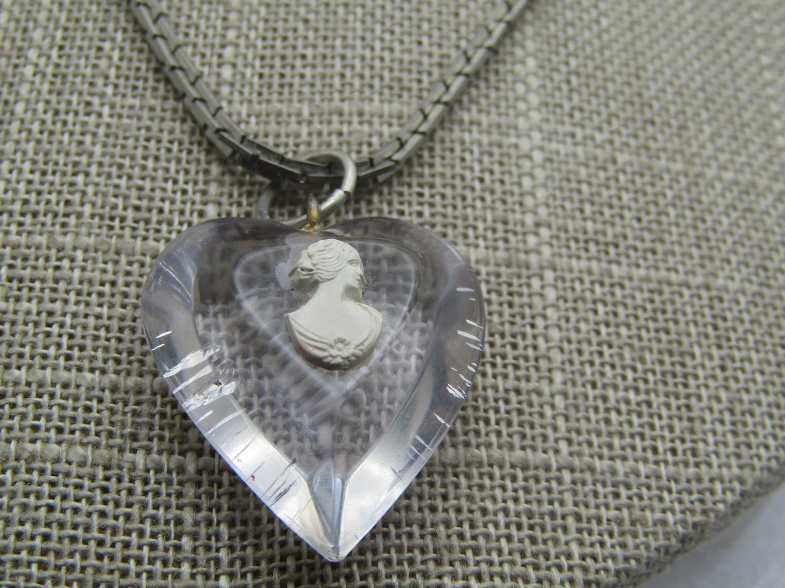 Vintage Clear Heart Cameo Necklace, 17.5", 1960's - 2