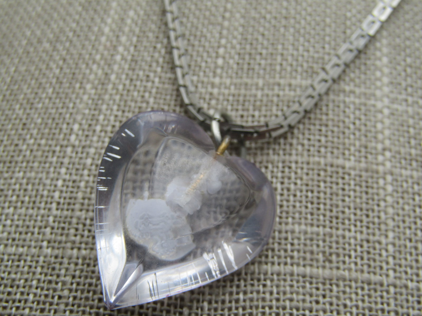 Vintage Clear Heart Cameo Necklace, 17.5", 1960's - 3