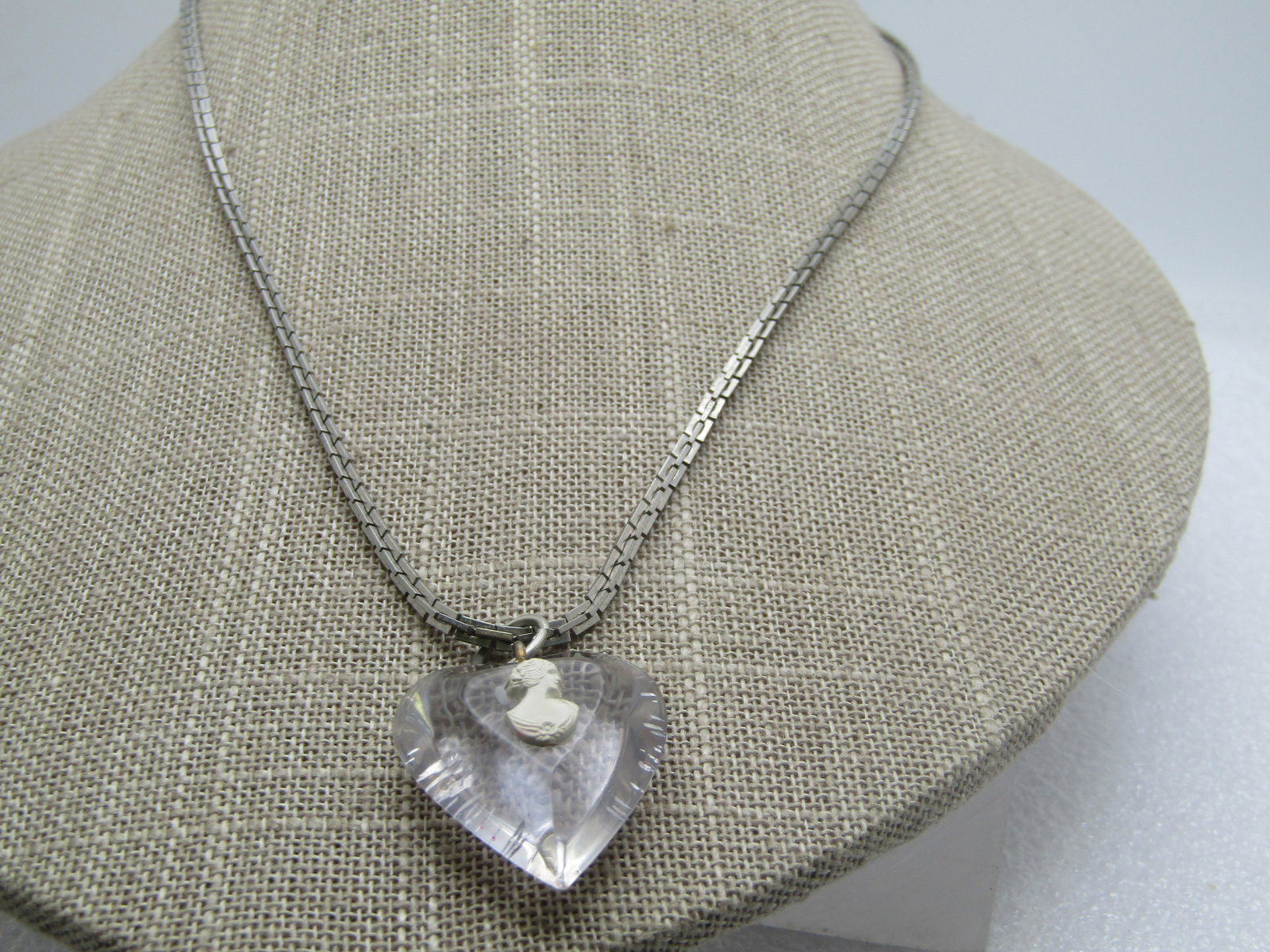 Vintage Clear Heart Cameo Necklace, 17.5", 1960's - 4