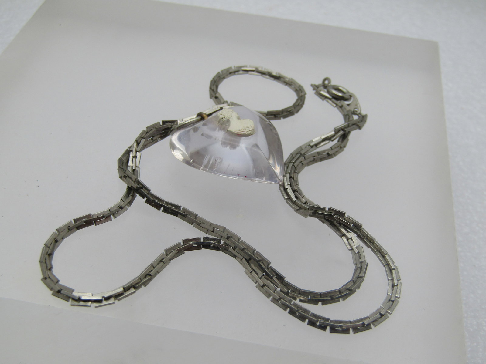 Vintage Clear Heart Cameo Necklace, 17.5", 1960's - 5