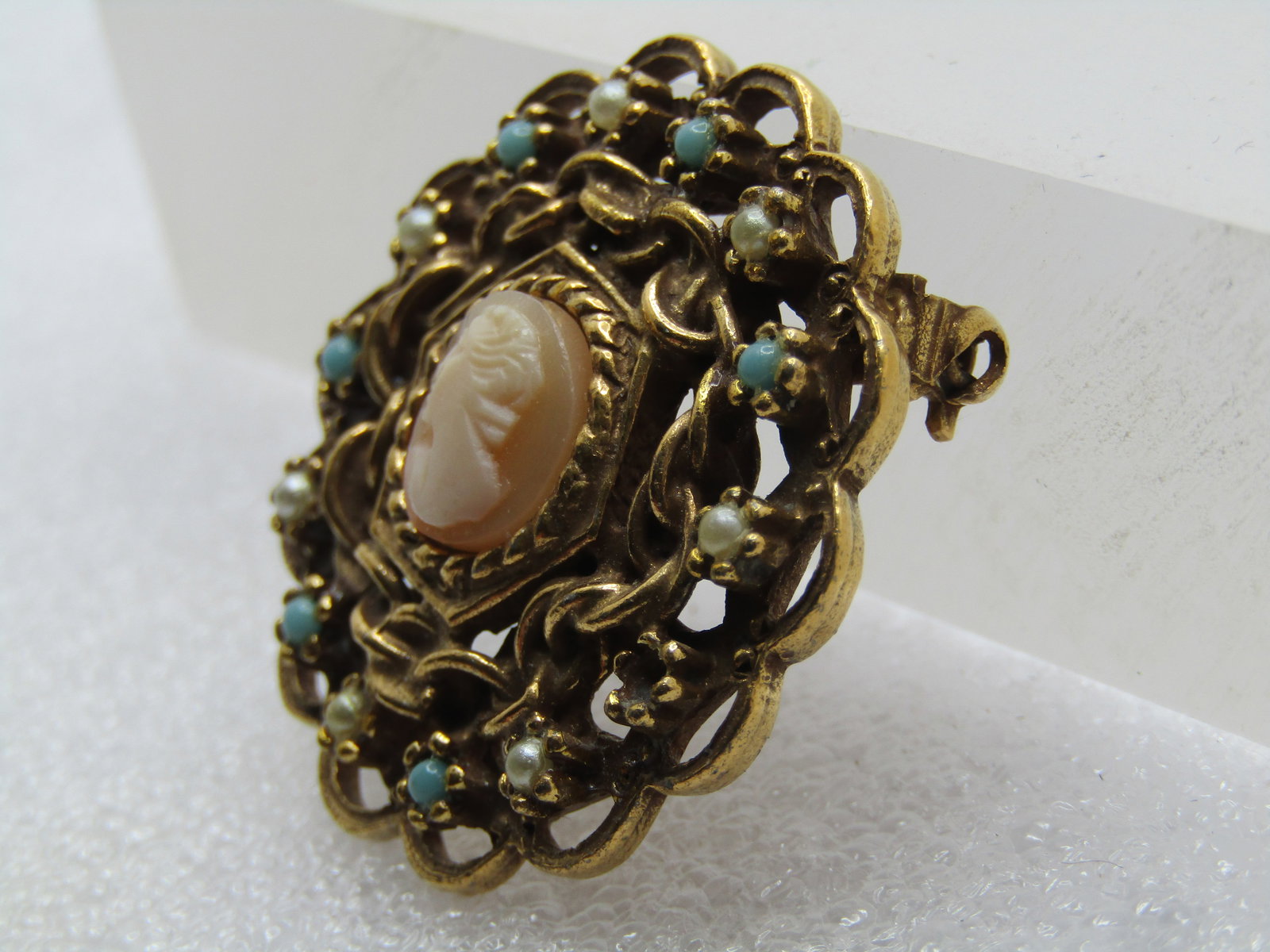 Vintage Cameo Brooch, Faux Turquoise & Pearl, Signed Gold Tone 1950's-1960's - 2