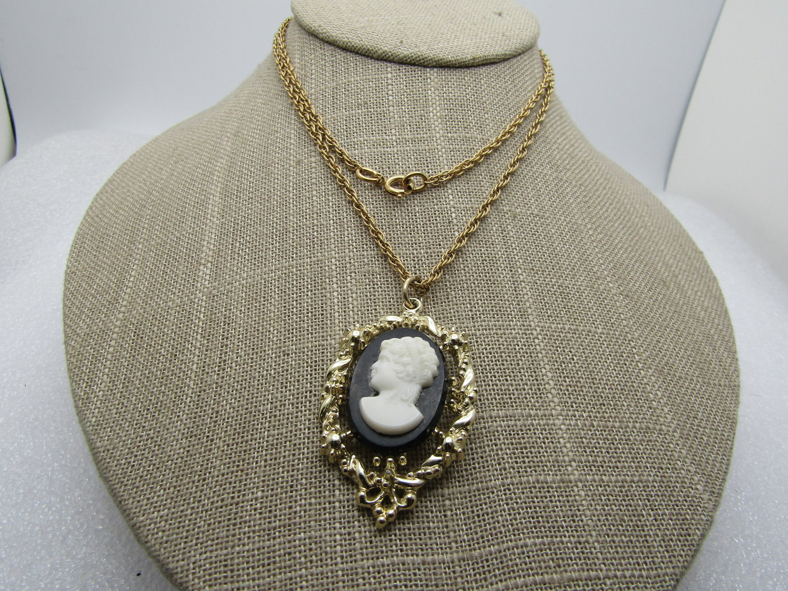Vintage Black & White Cameo Necklace, 1960's, 26" - 2