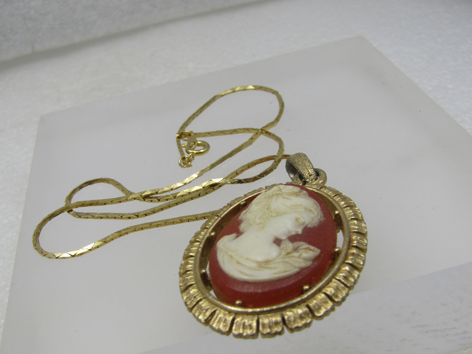 Vintage Cameo Necklace, 16", 1960's, Two-Sided Pendant - 5
