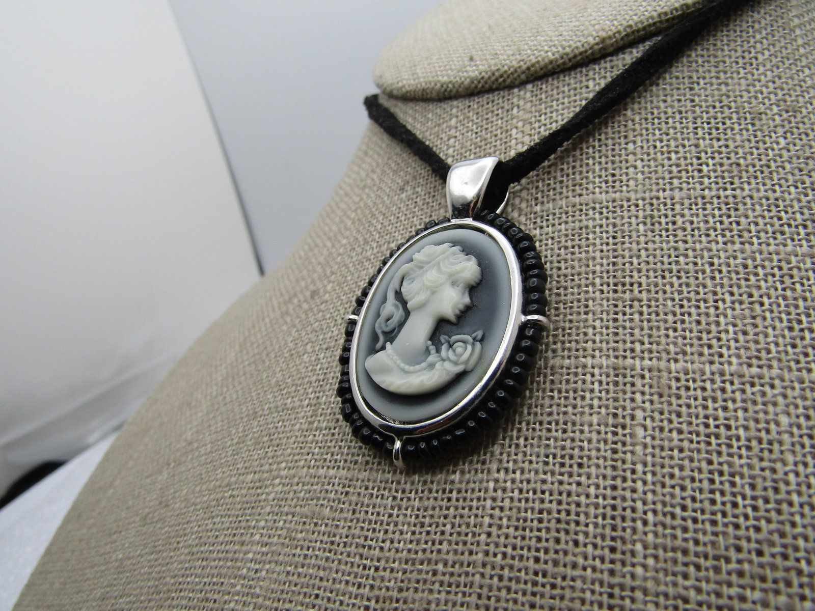 Vintage Black Cameo Necklace, 21" Suede and Beaded, Lia Sophia. 2000's - 2