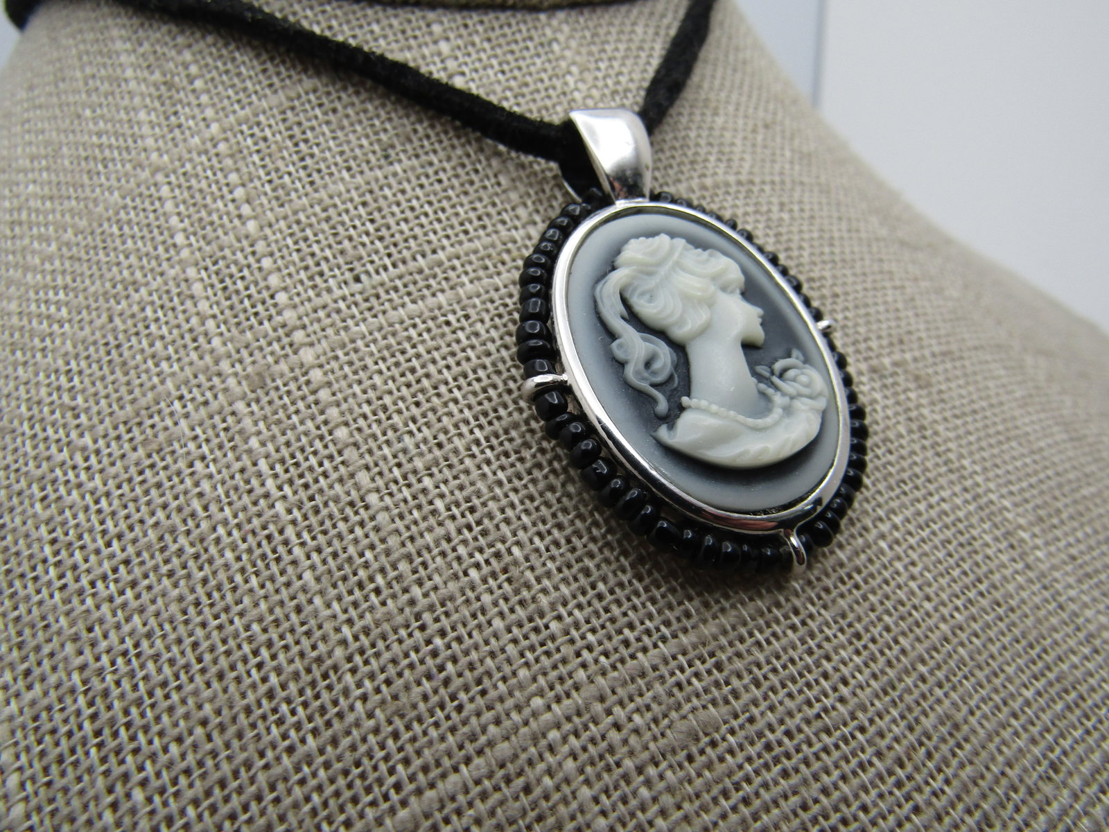 Vintage Black Cameo Necklace, 21" Suede and Beaded, Lia Sophia. 2000's - 3