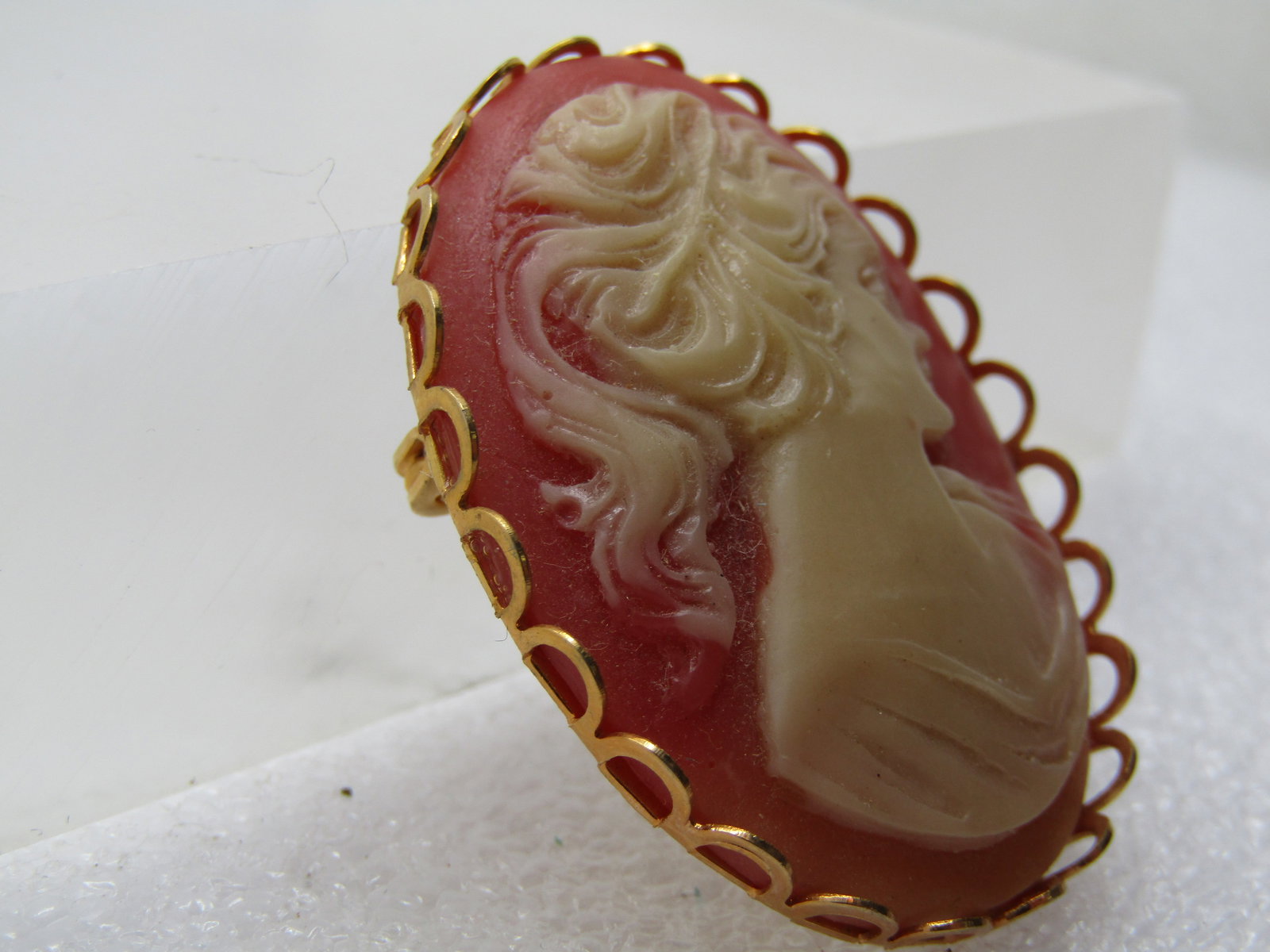 Vintage Cameo Brooch, 1960's, Gold Tone, 1.75" - 3