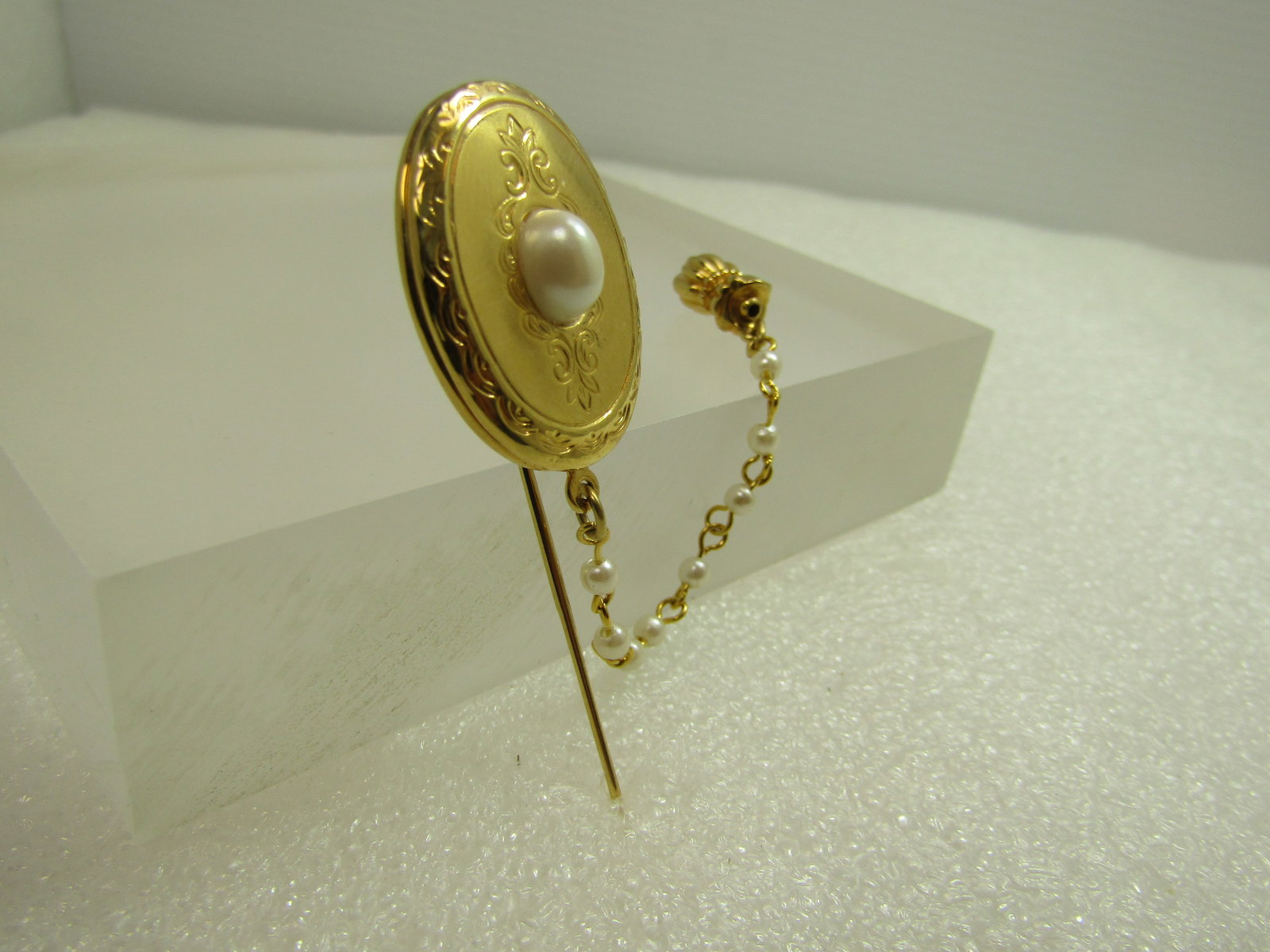 Vintage Faux Pearl Locket Stick Pin with Safety Clasp & Chain, 1960's-1970's - 3