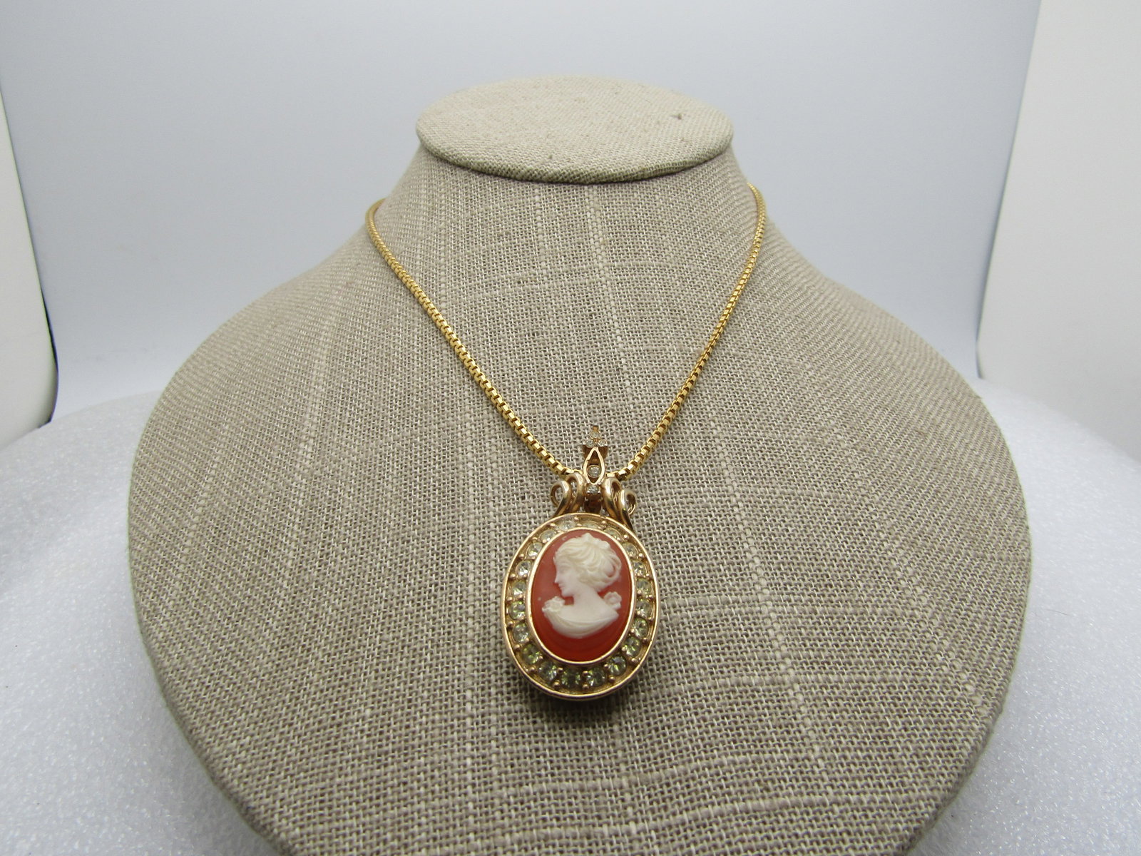 Vintage Cameo Rhinestone Necklace, 20" on Monet Box Chain: Vintage Cameo Rhinestone Necklace, 20" on Monet Box Chain, The chain is not original to the pendant - it is a 1.7mm wide box chain, gold tone signed Monet in two places with an old style handcuff styl