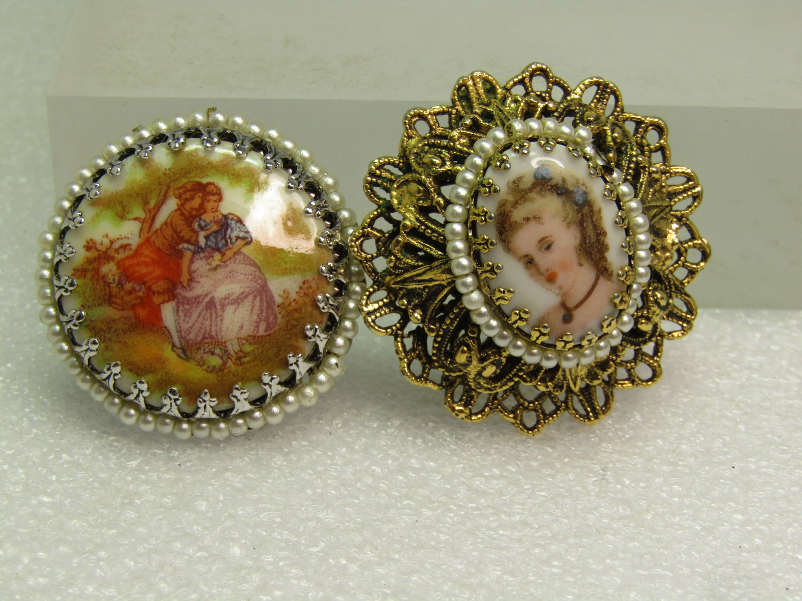 Vintage Pair Brooches, Cameo Style, Portrait/ Courting Scene, 1960's - 2